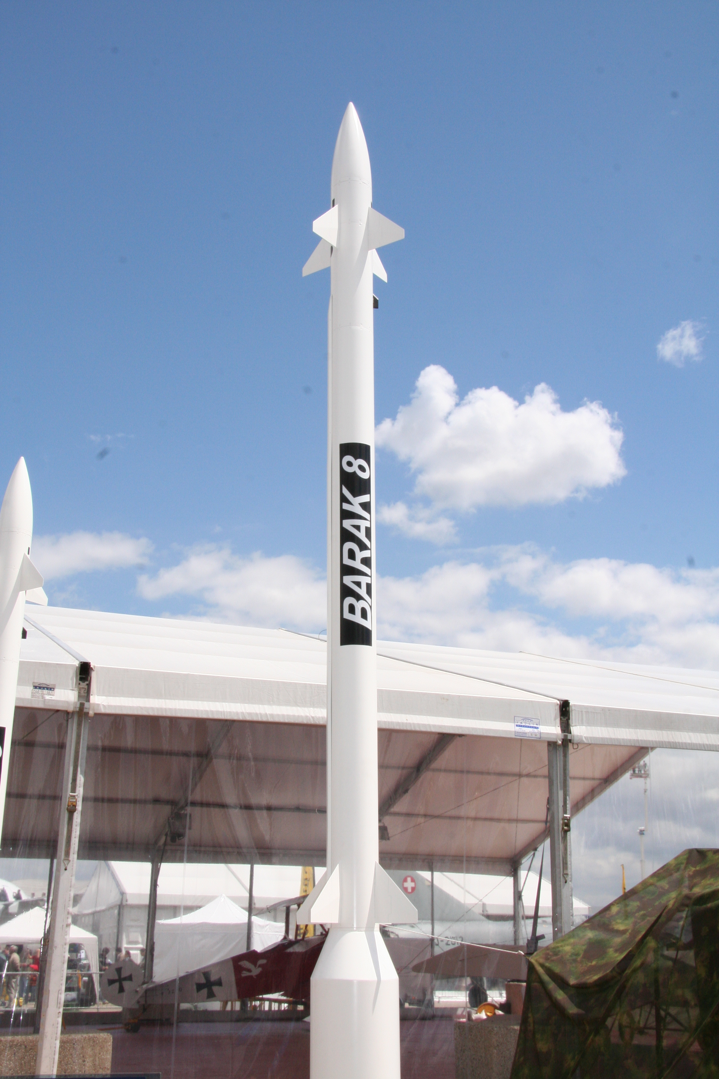 Scale-model of the Barak-8ER concept unveiled at the 2009 Paris Air Show. Visible below is the addition of a large diameter 1st stage booster.[1]